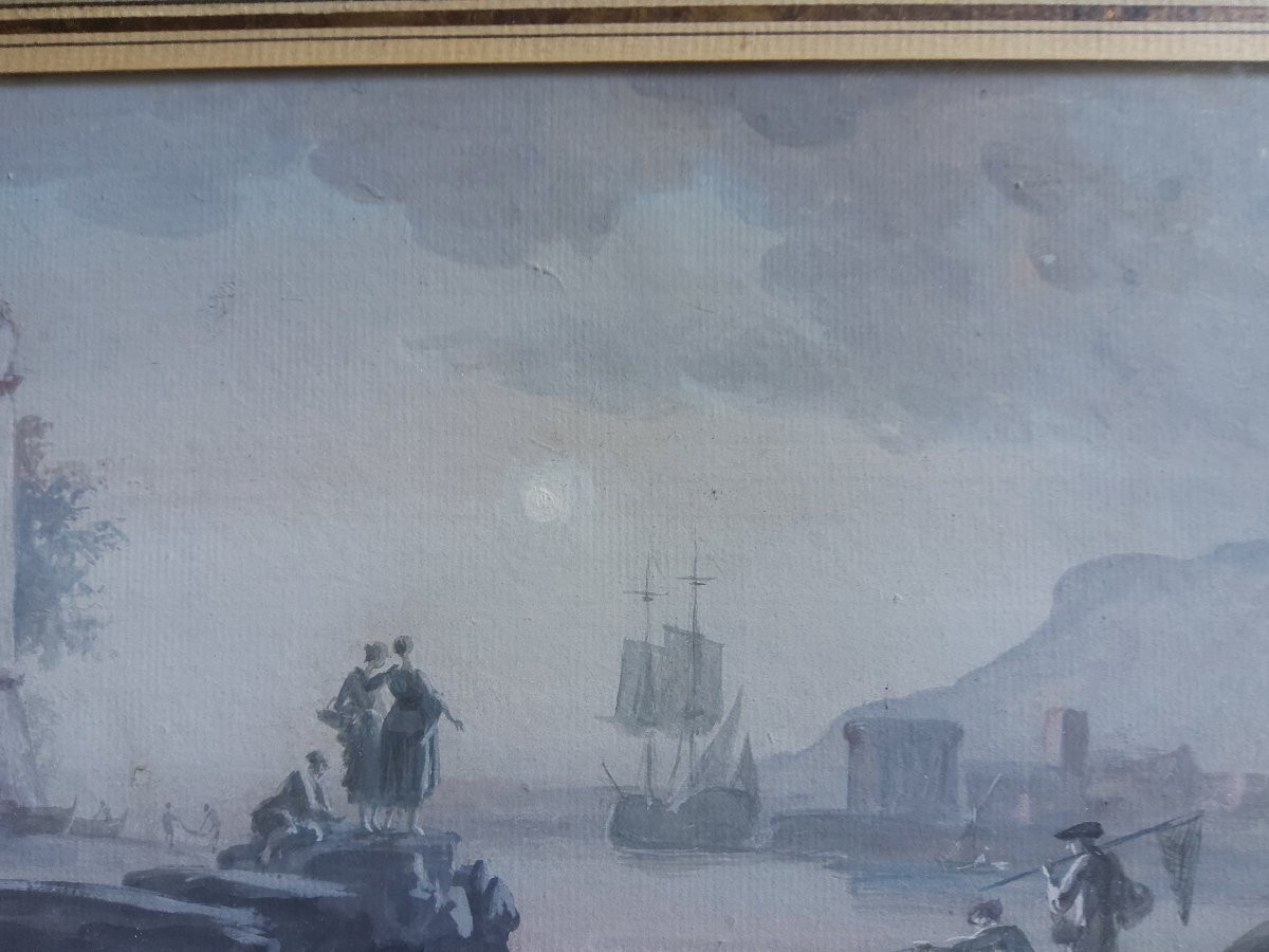 Gouache Italienne Scène De Port Vers 1800-photo-2